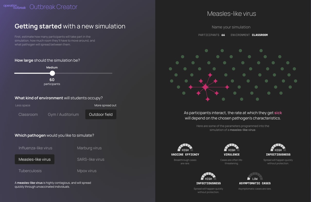 The Operation Outbreak simulation creation page where you can select different parameters for your simulation like size, environment, and pathogen type.
